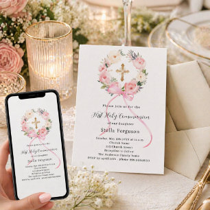 Invitación Arco de corona floral rosa niña Primera Comunión