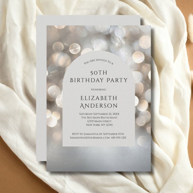Invitación Arco de cumpleaños 50 de bokeh de acuarela gris pl (Silver Gray Bokeh Arch Watercolor 50th Birthday invitation for him or her. Printed or Digital)