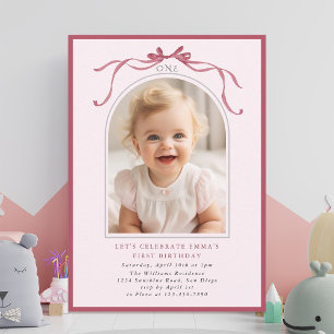 Invitación Arco de Cumpleaños con Lazo Rosa Rojo para Niña de