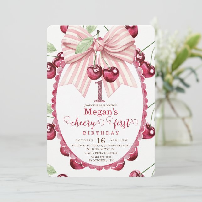 Invitación Arco de Cumpleaños de Cereza Primer Cumpleaños (Anverso de pie)