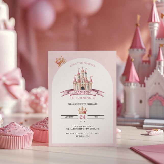 Invitación Arco de cumpleaños de la corona del castillo rosad (Subido por el creador)
