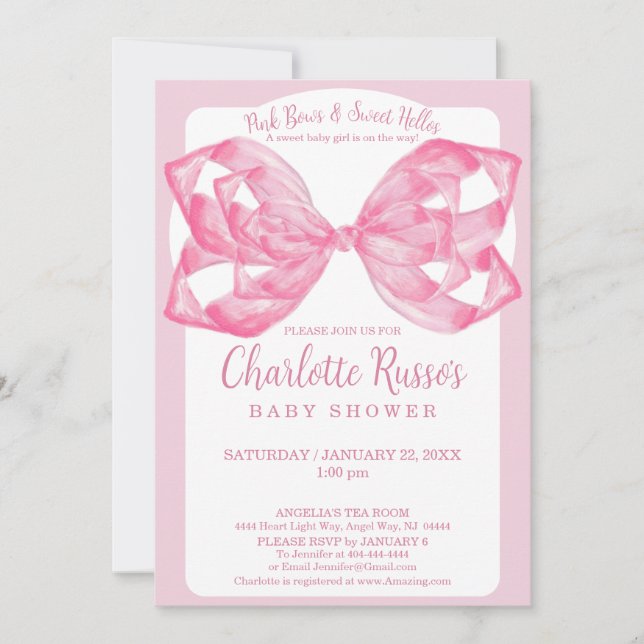 Invitación Arco de Cumpleaños de lazo rosa, Hola dulce bebé e (Anverso)