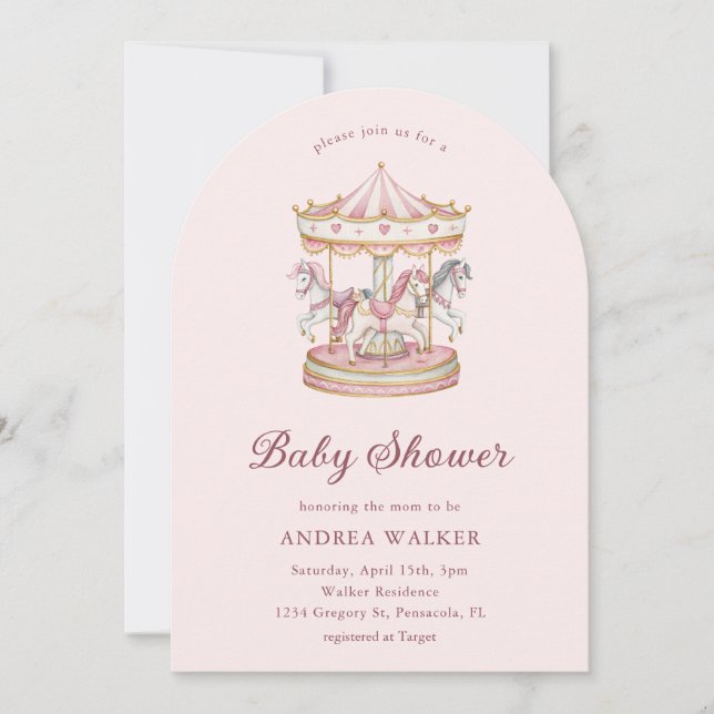 Invitación Arco de Cumpleaños de Niña con Carrusel Rosa Paste (Anverso)
