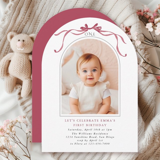 Invitación Arco de Cumpleaños de Niña con Lazo Rosa Profundo  (Subido por el creador)