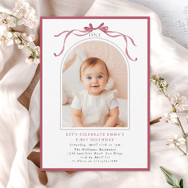 Invitación Arco de Cumpleaños Número 1 de Niña con Lazo Rosa