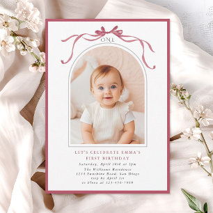 Invitación Arco de Cumpleaños Número 1 de Niña con Lazo Rosa