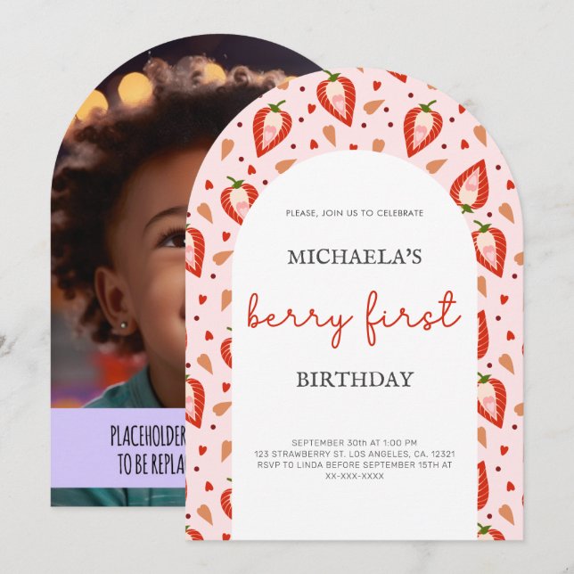 Invitación Arco de Cumpleaños Número Uno con Frutas Rosadas R (Anverso / Reverso)