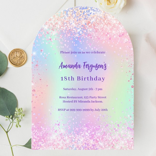 Invitación Arco de cumpleaños púrpura holográfico (Subido por el creador)