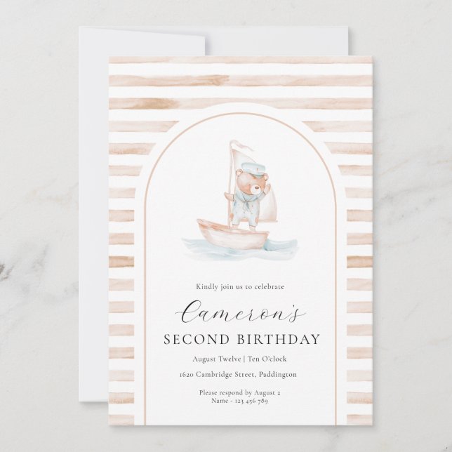 Invitación Arco de cumpleaños Sailor Bear Tan Stripe (Anverso)