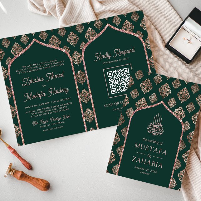 Invitación Arco de Damasco de Oro Rosa Verde Código QR Boda M (Subido por el creador)