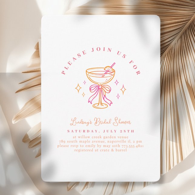 Invitación Arco de Despedida de Soltera Cóctel Rosa Blanco (White Pink Cocktail Bridal Shower Bow Invitation)