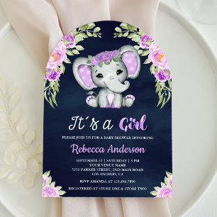 Invitación Arco de elefante floral morado lindo para baby sho