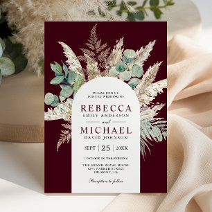 Invitación Arco de eucalipto de Pampas bohemio boda borgoña