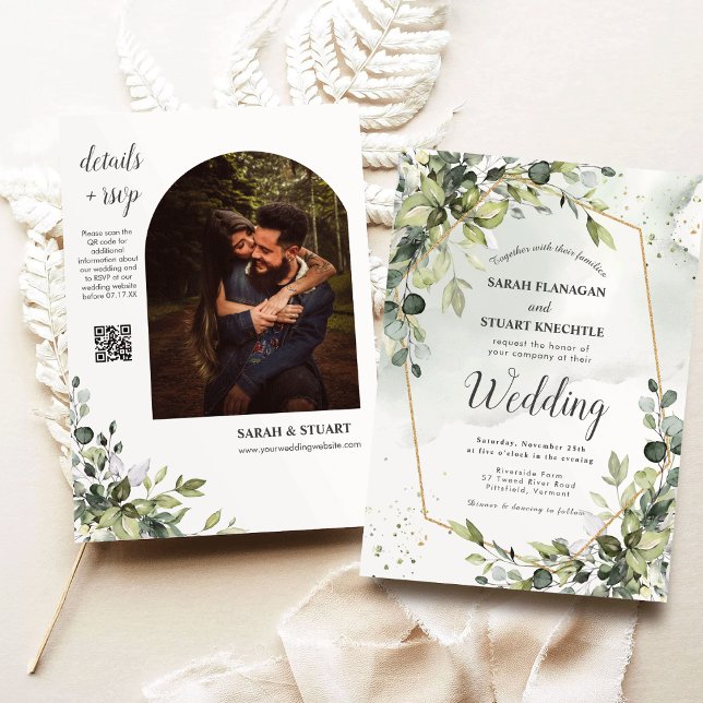 Invitación Arco de Eucaliptos Verde Rústico Foto Boda de códi (Rustic Green Eucalyptus Arch Photo QR Code Wedding Invitation)
