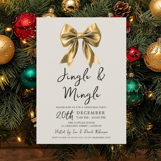 Invitación Arco de fiesta de Navidad Jingle & Mingle de oro m (Modern Gold Jingle & Mingle Christmas Party Bow Invitation)