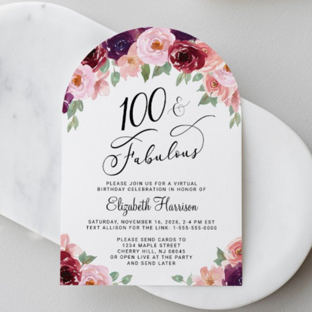 Invitación Arco de fiesta virtual de cumpleaños número 100 el (100 & Fabulous: Toast to a Life Well Celebrated!)