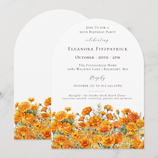 Invitación Arco de flor de Marigold para cumpleaños 90 en oct (Anverso / Reverso)