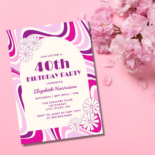 Invitación Arco de flor de oleada retro Cumpleaños Púrpura Ro