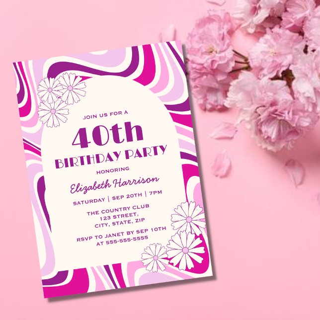 Invitación Arco de flor de oleada retro Cumpleaños Púrpura Ro (Subido por el creador)