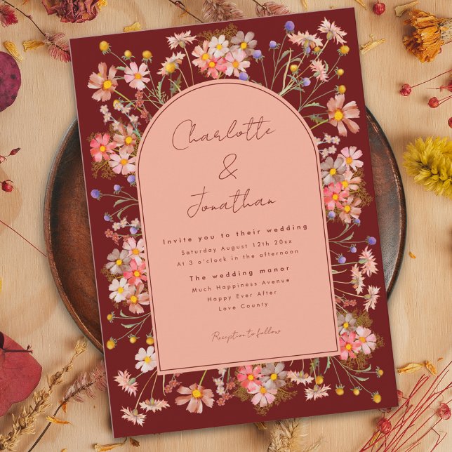 Invitación Arco de Flor Silvestre Oscura Terracotta Boda Caíd (Wildflower boho floral arch terracotta burnt orange fall wedding invitation with whimsical script )