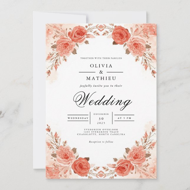 Invitación Arco de Flora Rosa Coral para Bodas (Anverso)