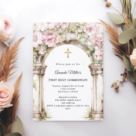 Invitación Arco de florales rosadas para Primera Comunión de 