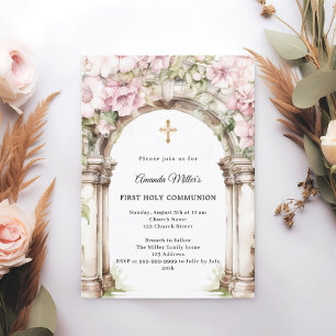 Invitación Arco de florales rosadas para Primera Comunión de 