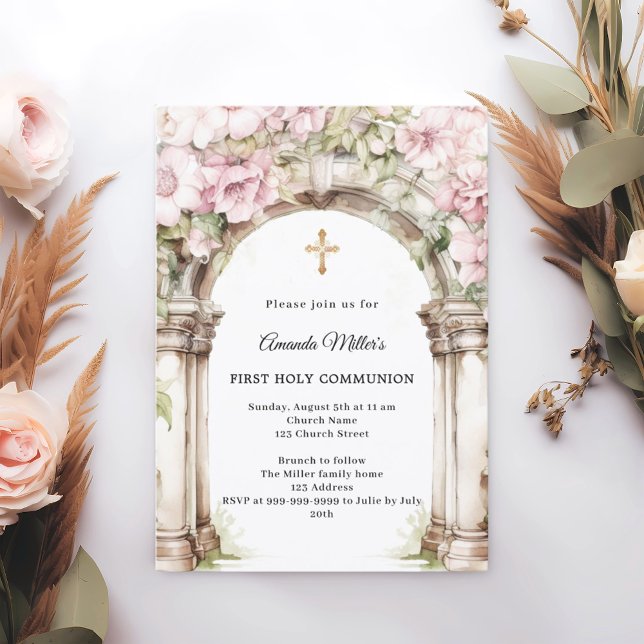 Invitación Arco de florales rosadas para Primera Comunión de  (Subido por el creador)