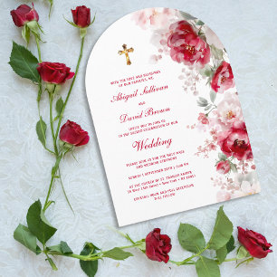 Invitación Arco de flores blancas y rojas boda religiosa