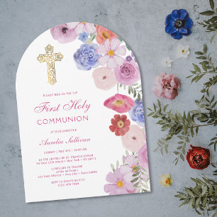 Invitación Arco de flores de acuarela Primera Comunión