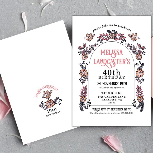 Invitación Arco de Flores de Jardín Rosa 40 cumpleaños (Elegant Pink Floral Garden Arch Birthday Invitation)