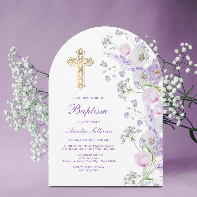 Invitación Arco de flores de lila en acuarela Bautizo (Subido por el creador)