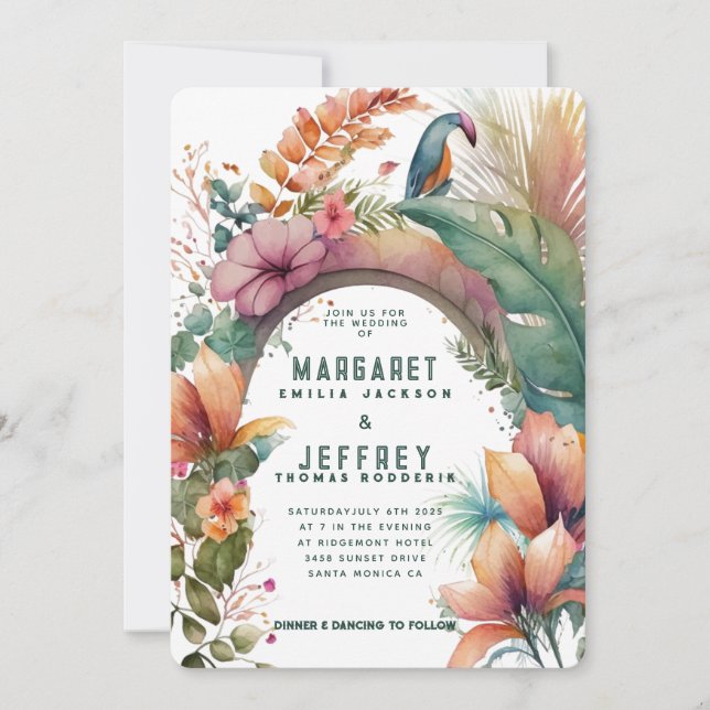 Invitación Arco de Flores Exóticas Boda Chic de Verano Tropic (Anverso)