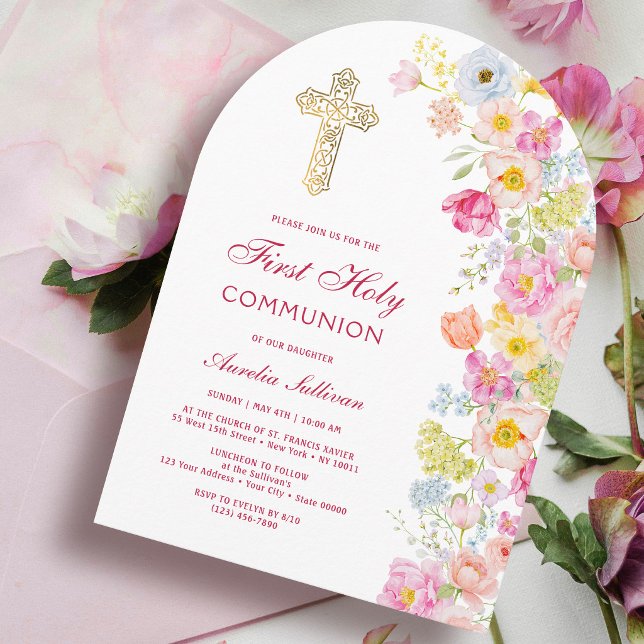 Invitación Arco de flores pastel vívidas para Primera Comunió (Subido por el creador)