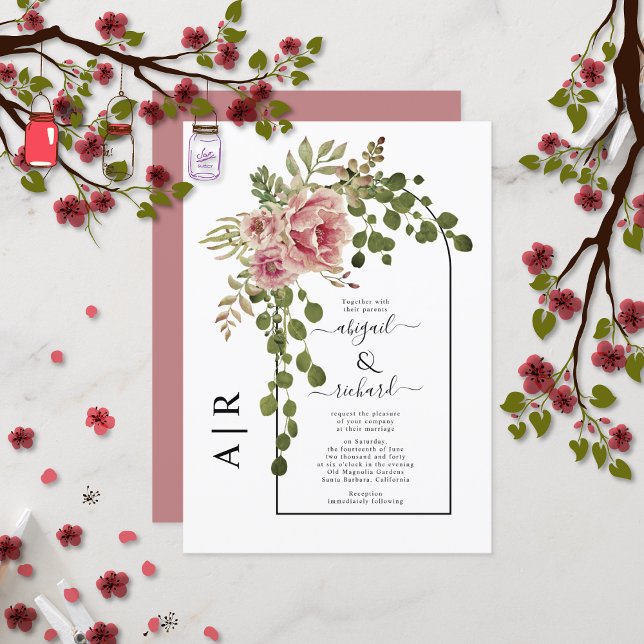 Invitación Arco de flores rosadas rosa y boda de monograma (Subido por el creador)