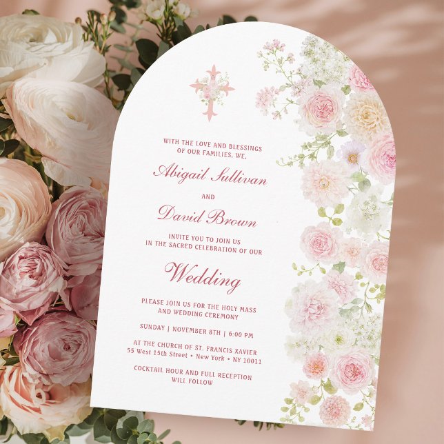 Invitación Arco de flores rosadas y melocotón boda religiosa (Subido por el creador)