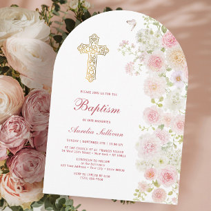 Invitación Arco de flores rosadas y melocotón para bautizo
