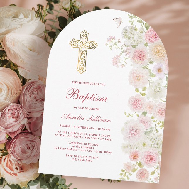 Invitación Arco de flores rosadas y melocotón para bautizo (Subido por el creador)