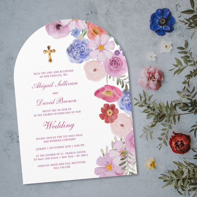 Invitación Arco de flores silvestres acuarela boda religiosa (Subido por el creador)