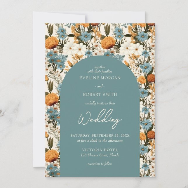 Invitación Arco de flores silvestres azul y naranja polvorien (Anverso)