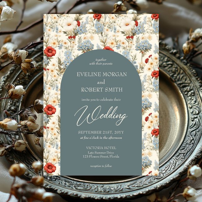 Invitación Arco de flores silvestres azul y terracota boho (popular watercolor dusty blue and terracotta wild flowers wedding invitation)