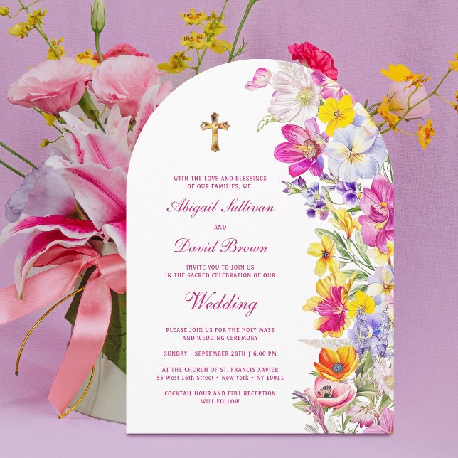 Invitación Arco de flores silvestres brillantes boda religios (Subido por el creador)