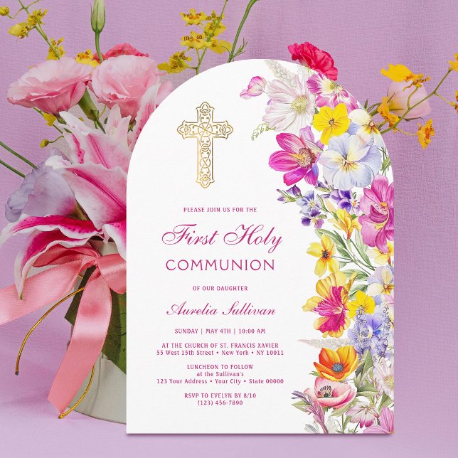 Invitación Arco de flores silvestres brillantes Primera Comun (Subido por el creador)