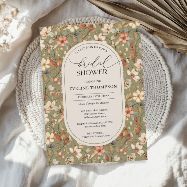 Invitación Arco de flores silvestres de marfil verde polvorie (Watercolor dusty green ivory wildflowers arch invitation)