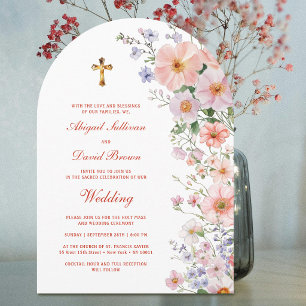 Invitación Arco de flores silvestres pastel boda religiosa