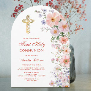 Invitación Arco de flores silvestres pastel Primera Comunión