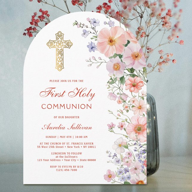 Invitación Arco de flores silvestres pastel Primera Comunión (Subido por el creador)