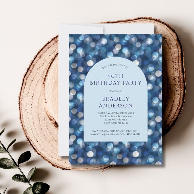 Invitación Arco De Fondo Azul Para Él 50 Años (Blue Bokeh Abstract Circles Blurry Dreamy 50th Birthday invitation for him. Printed or Digital)