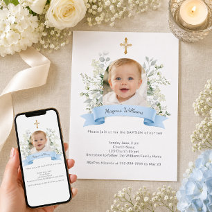 Invitación Arco de Foto Azul de Bautizo Niño con Flores Blanc