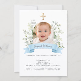 Invitación Arco de Foto Azul de Bautizo Niño con Flores Blanc